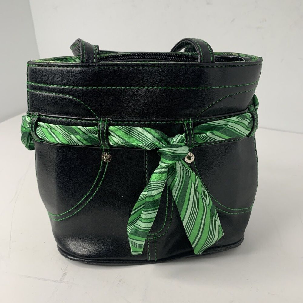 Vtg 90's Y2K Women's New Faux Leather‎ Booty Bag BLK With Green Trim Super Cute